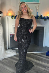 Long Black Prom Dress with Sparkly Mermaid Sequins and Spaghetti Straps