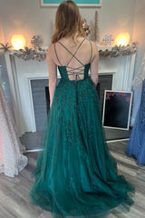 Long A-Line Prom Dress in Dark Green Tulle with Spaghetti Straps and Appliques