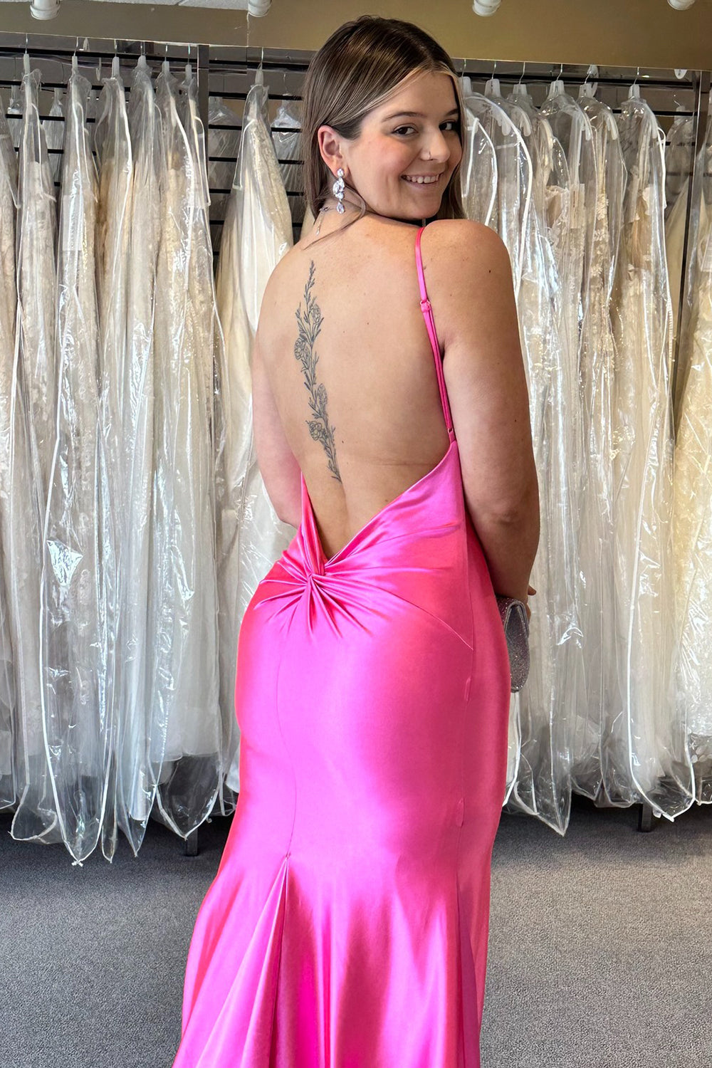 Long Satin Mermaid Prom Dress with Fuchsia Spaghetti Straps and Open Back