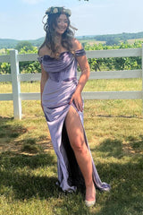 Long Velvet Mermaid Prom Dress in Purple with Off-Shoulder Corset and Slit