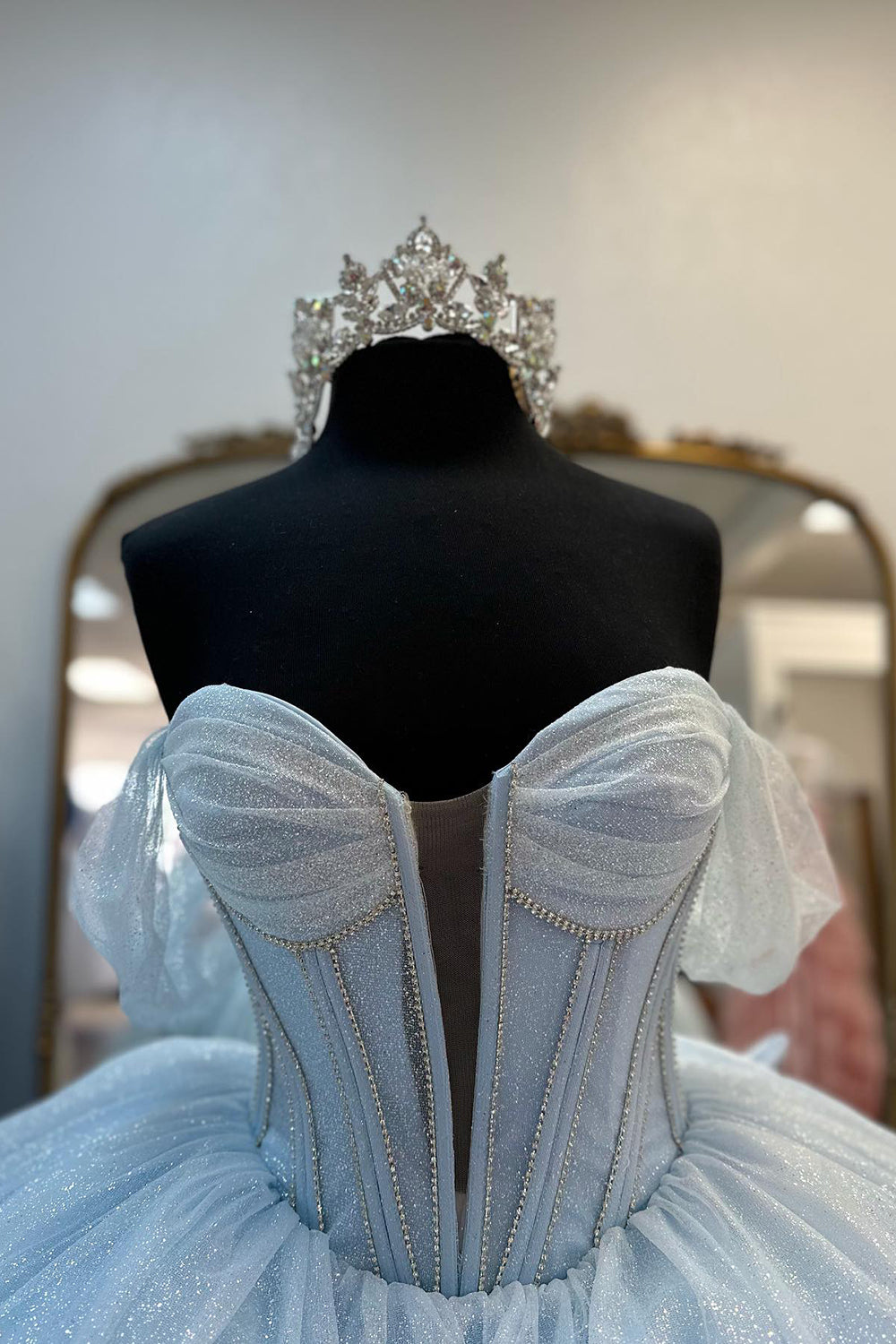 Light Blue Sparkly Off-the-Shoulder Long Corset Prom Dress with Tulle Skirt and Bow