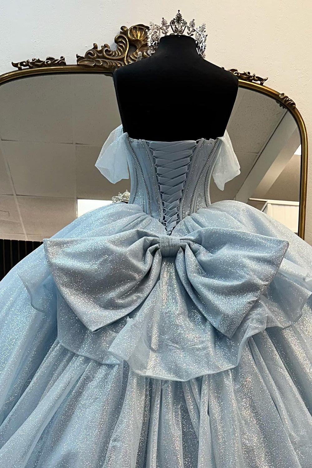 Light Blue Sparkly Off-the-Shoulder Long Corset Prom Dress with Tulle Skirt and Bow