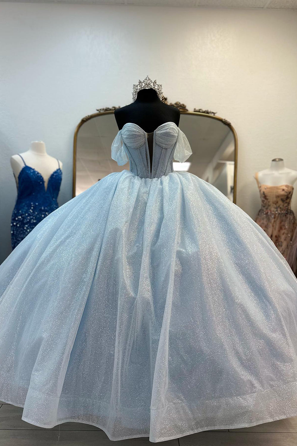 Light Blue Sparkly Off-the-Shoulder Long Corset Prom Dress with Tulle Skirt and Bow