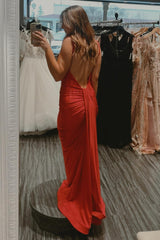 Long Red Satin Prom Dress with Spaghetti Straps and Open Back in Mermaid Style