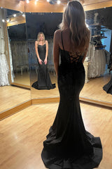 Black Glitter Mermaid Corset Prom Dress with Beaded Spaghetti Straps
