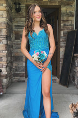 Mermaid Long Corset Prom Dress with Turquoise Spaghetti Straps and Appliques