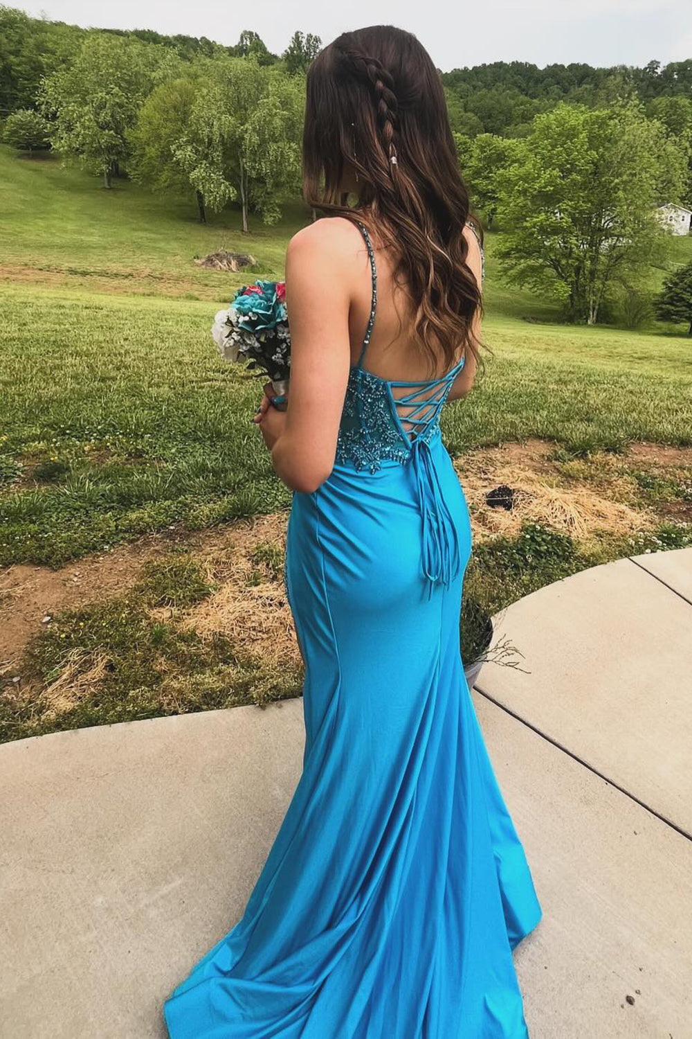 Mermaid Long Corset Prom Dress with Turquoise Spaghetti Straps and Appliques
