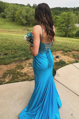 Mermaid Long Corset Prom Dress with Turquoise Spaghetti Straps and Appliques
