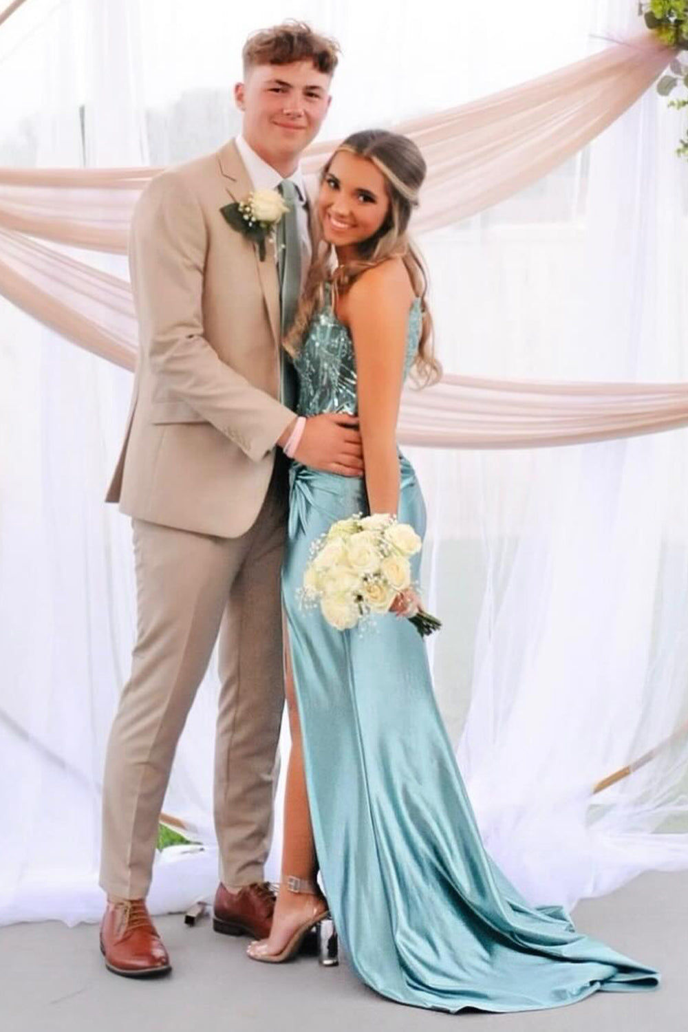 Long Satin Mermaid Prom Dress with Sparkly Blue Beading and Spaghetti Straps