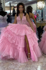 Elegant Royal Blue Halter Corset Prom Dress with Tulle Tiered Skirt and Appliques