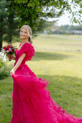 Long A-Line Corset Prom Dress with Fuchsia Square Neck and Puff Sleeves