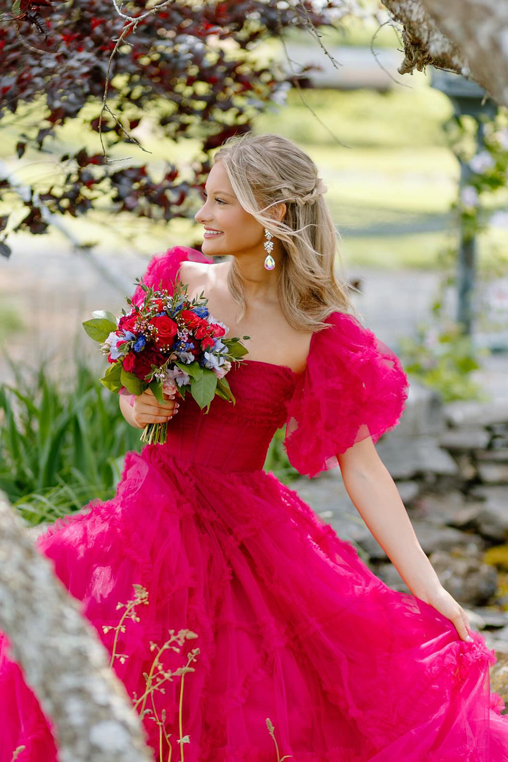 Long A-Line Corset Prom Dress with Fuchsia Square Neck and Puff Sleeves