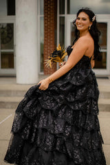 Long Black A-Line Corset Prom Dress in Strapless Tulle with Tiered Sequins