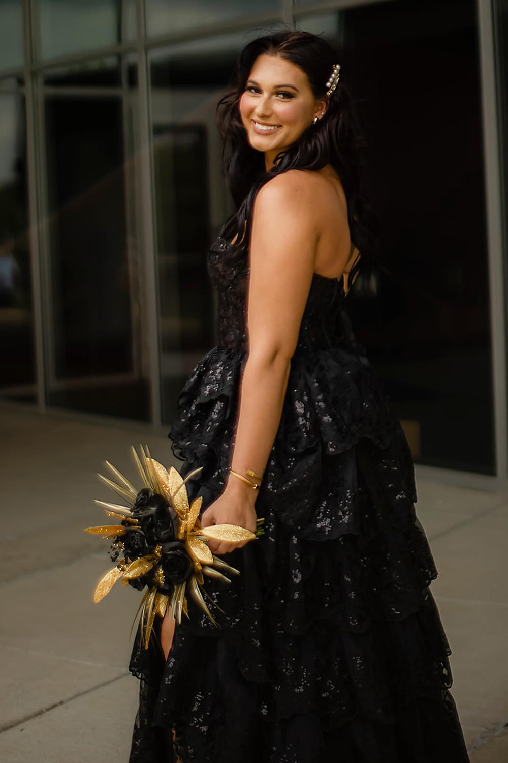 Long Black A-Line Corset Prom Dress in Strapless Tulle with Tiered Sequins