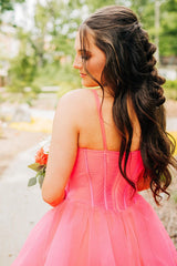 Long Corset Prom Dress with Pink Spaghetti Straps and Tiered A-Line Tulle