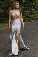 Long Satin Mermaid Prom Dress in Fuchsia with Halter Neck and Beading