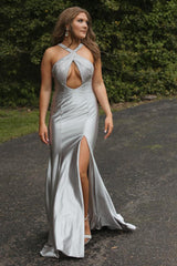 Mermaid Corset Prom Dress with Silver Beading and Halter Neck in Satin