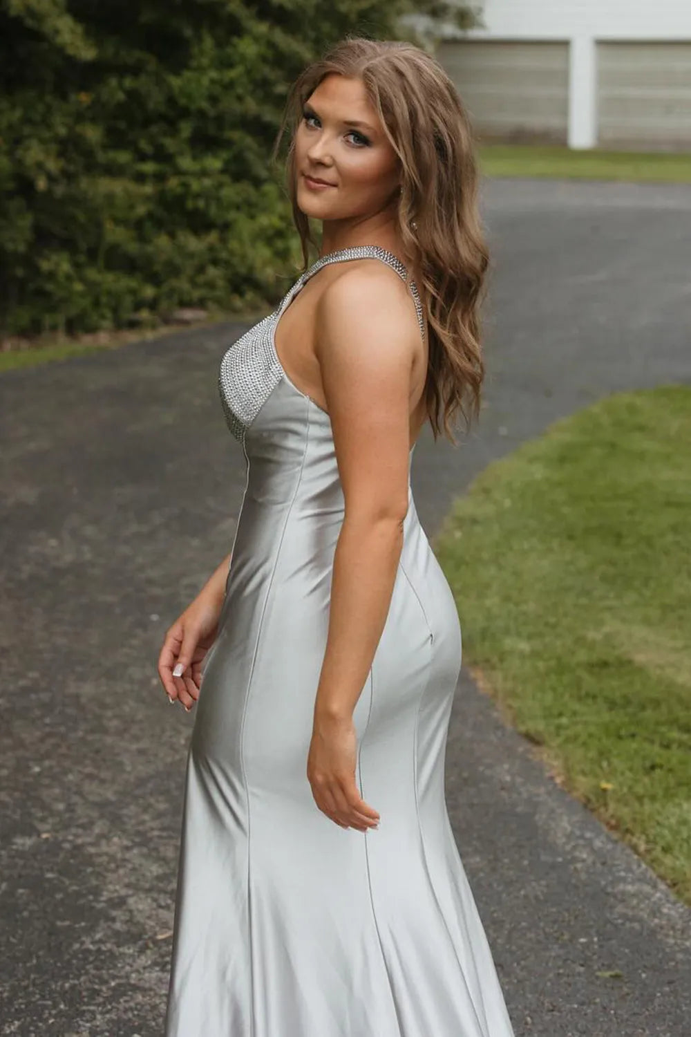 Long Satin Mermaid Prom Dress in Fuchsia with Halter Neck and Beading