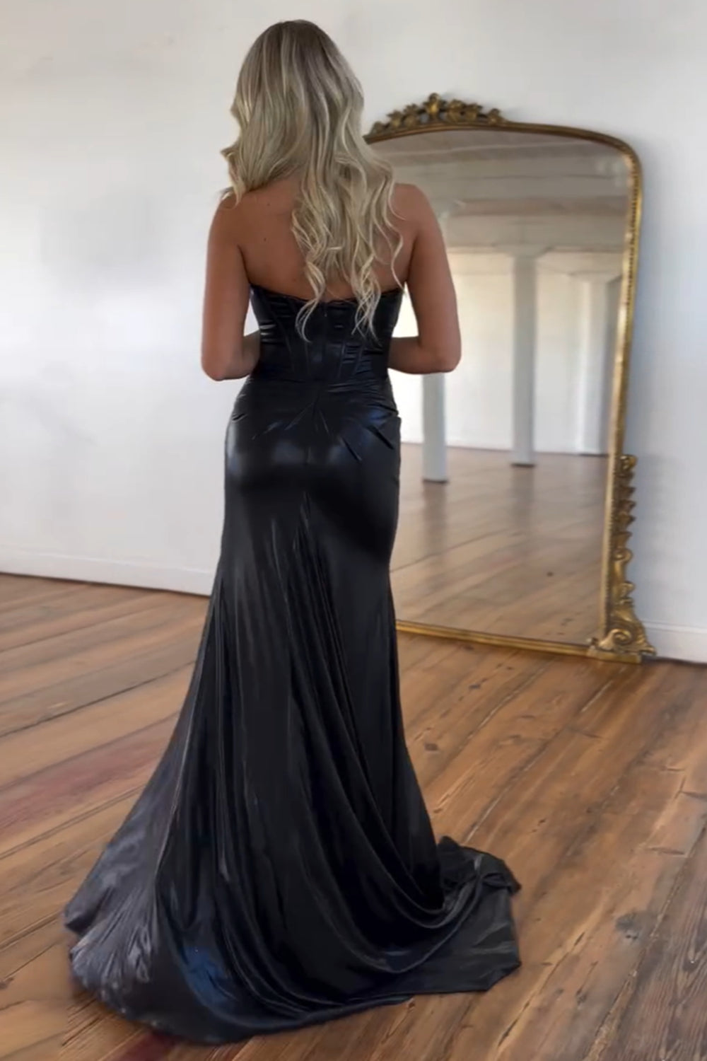 Metallic Long Corset Prom Dress in Dark Blue with Sweetheart Mermaid Cut and Slit