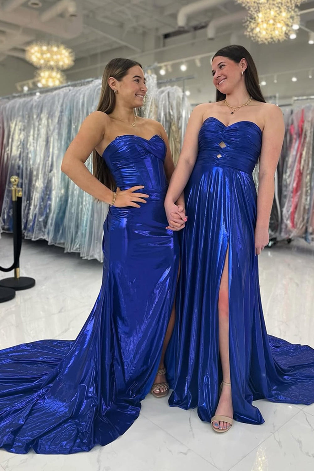 Metallic Long Corset Prom Dress in Dark Blue with Sweetheart Mermaid Cut and Slit