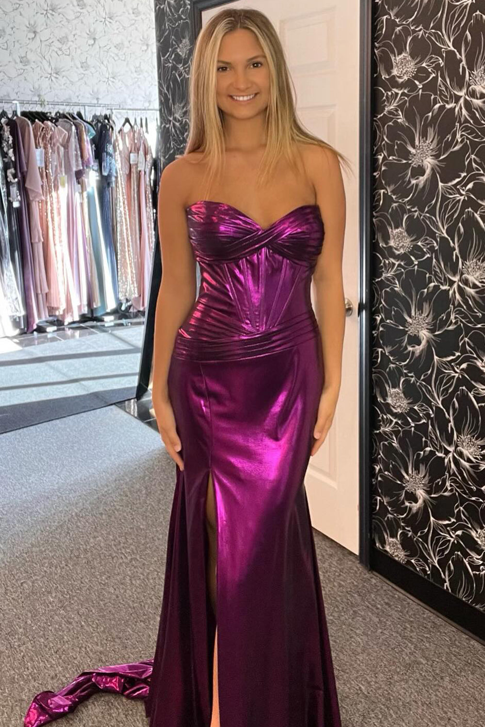 Metallic Long Corset Prom Dress in Dark Blue with Sweetheart Mermaid Cut and Slit