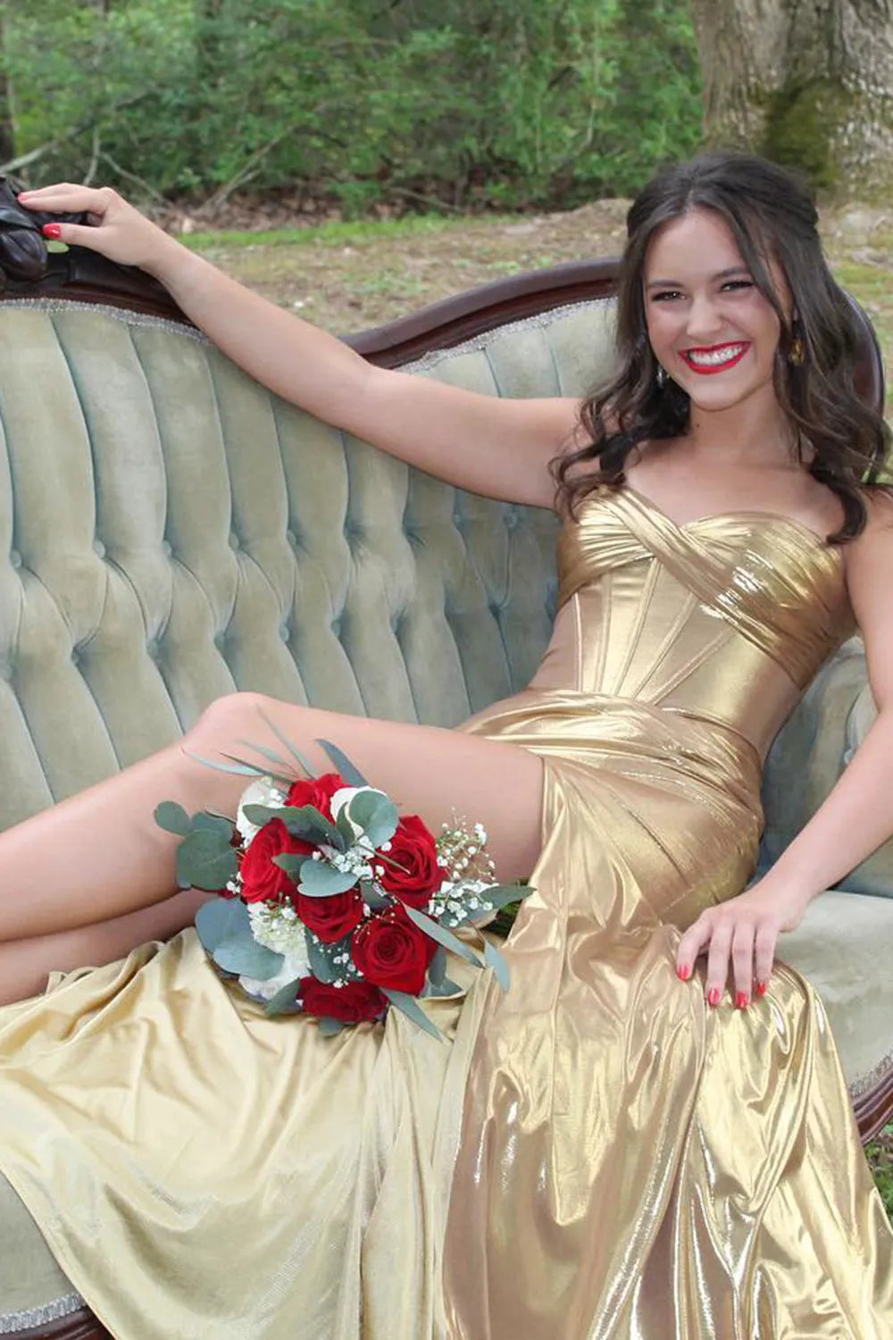 Sweetheart Prom Corset Dress in Metallic Rose Gold with Slit