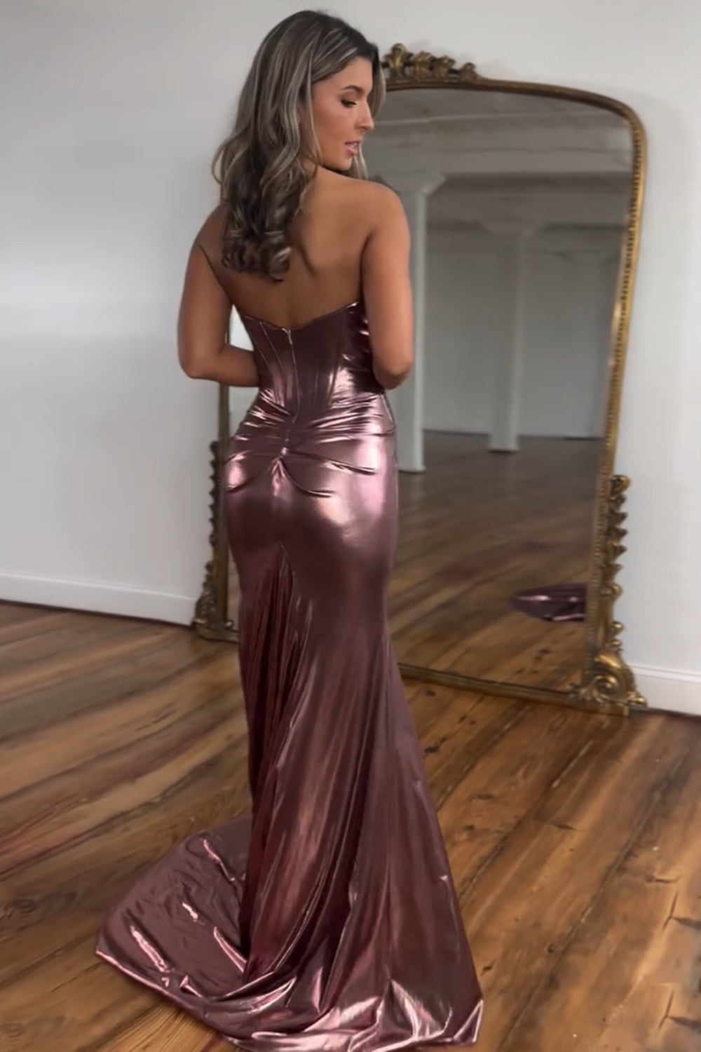 Metallic Long Corset Prom Dress in Dark Blue with Sweetheart Mermaid Cut and Slit