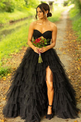 Long Corset Prom Dress in Black with Sweetheart Princess Tulle Tiered Design and Slit