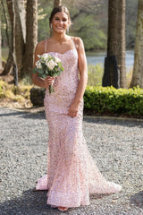 Long Corset Prom Dress with Sparkly Pink Spaghetti Straps and Mermaid Sequins