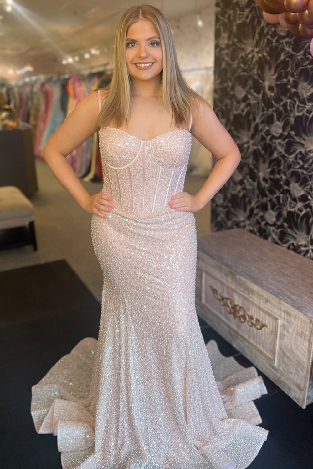 Long Corset Prom Dress with Sparkly Pink Spaghetti Straps and Mermaid Sequins