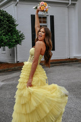Long Tiered Corset Prom Dress in Yellow with Sweetheart Princess Tulle and Appliques