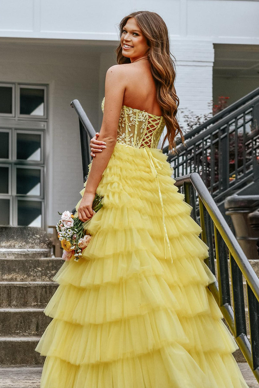 Long Tiered Corset Prom Dress in Yellow with Sweetheart Princess Tulle and Appliques