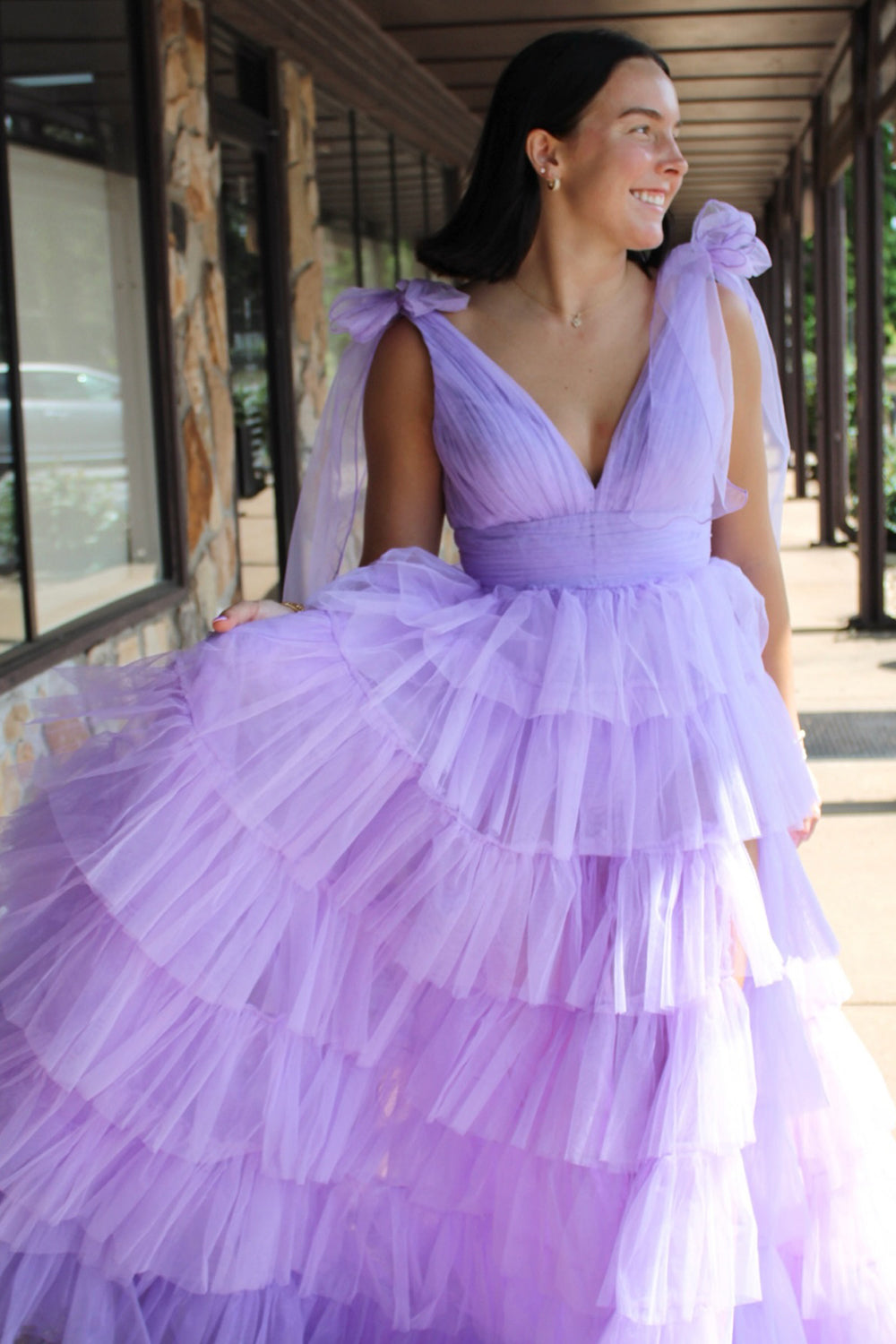 Princess Long Prom Dress in Lilac with Adjustable Straps Tiered Tulle and Slit