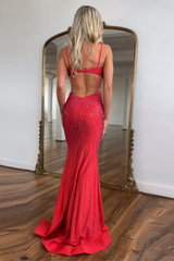 Mermaid Long Prom Dress with Royal Blue Sparkly Spaghetti Straps and Cut-Out