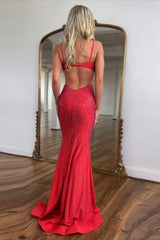 Red Glitter Mermaid Prom Dress with Beaded Spaghetti Straps and Cut-out Design