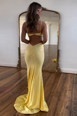 Yellow Glitter Spaghetti Strap Prom Dress with Mermaid Cut-Out and Beading