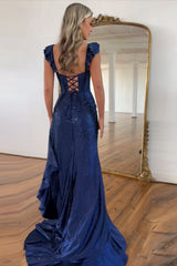 Navy Glitter Mermaid Corset Prom Dress with Beaded Spaghetti Straps and Ruffles