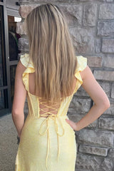 Yellow Glitter Mermaid Prom Dress with Beaded Corset and Ruffled Spaghetti Straps