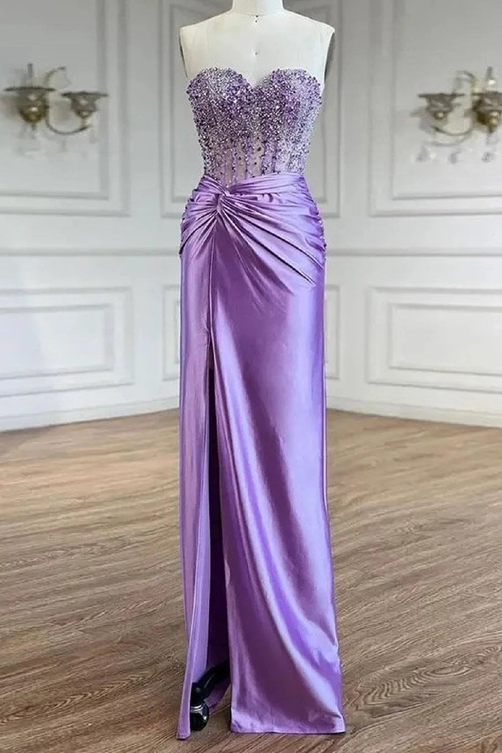 Long Satin Corset Prom Dress with Beading in Purple Sweetheart Mermaid Style