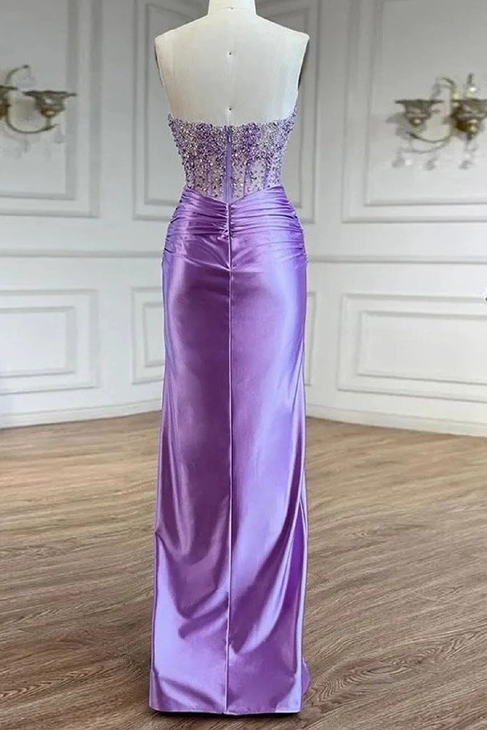 Long Satin Corset Prom Dress with Beading in Purple Sweetheart Mermaid Style