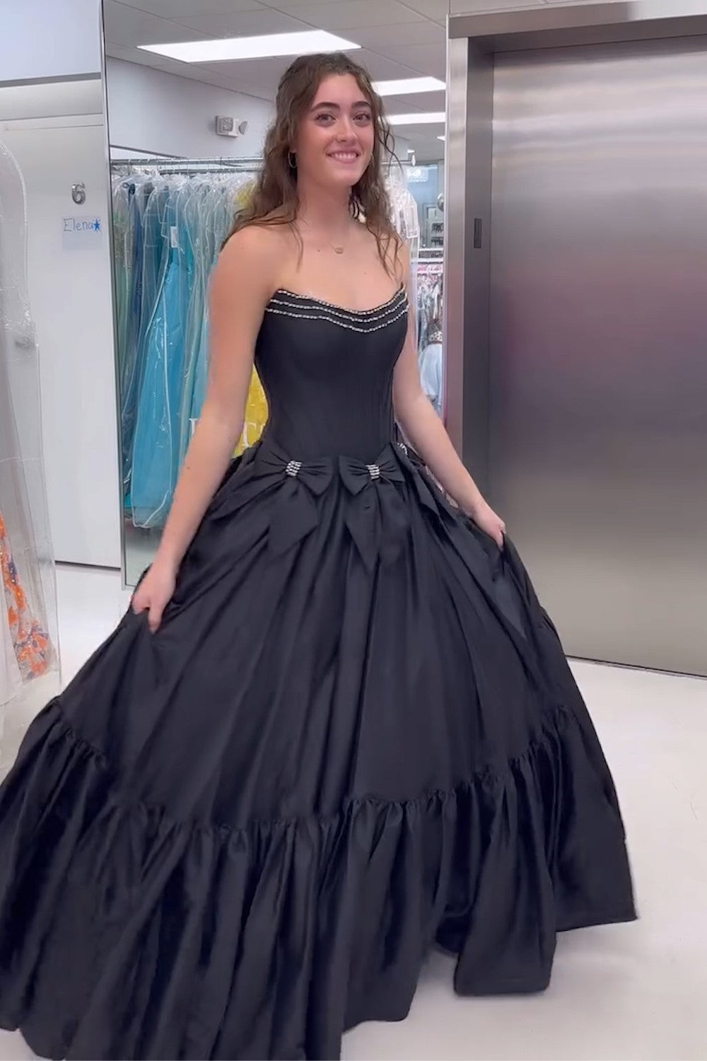 Long Black Satin A-Line Corset Prom Dress with Strapless Design and Bows