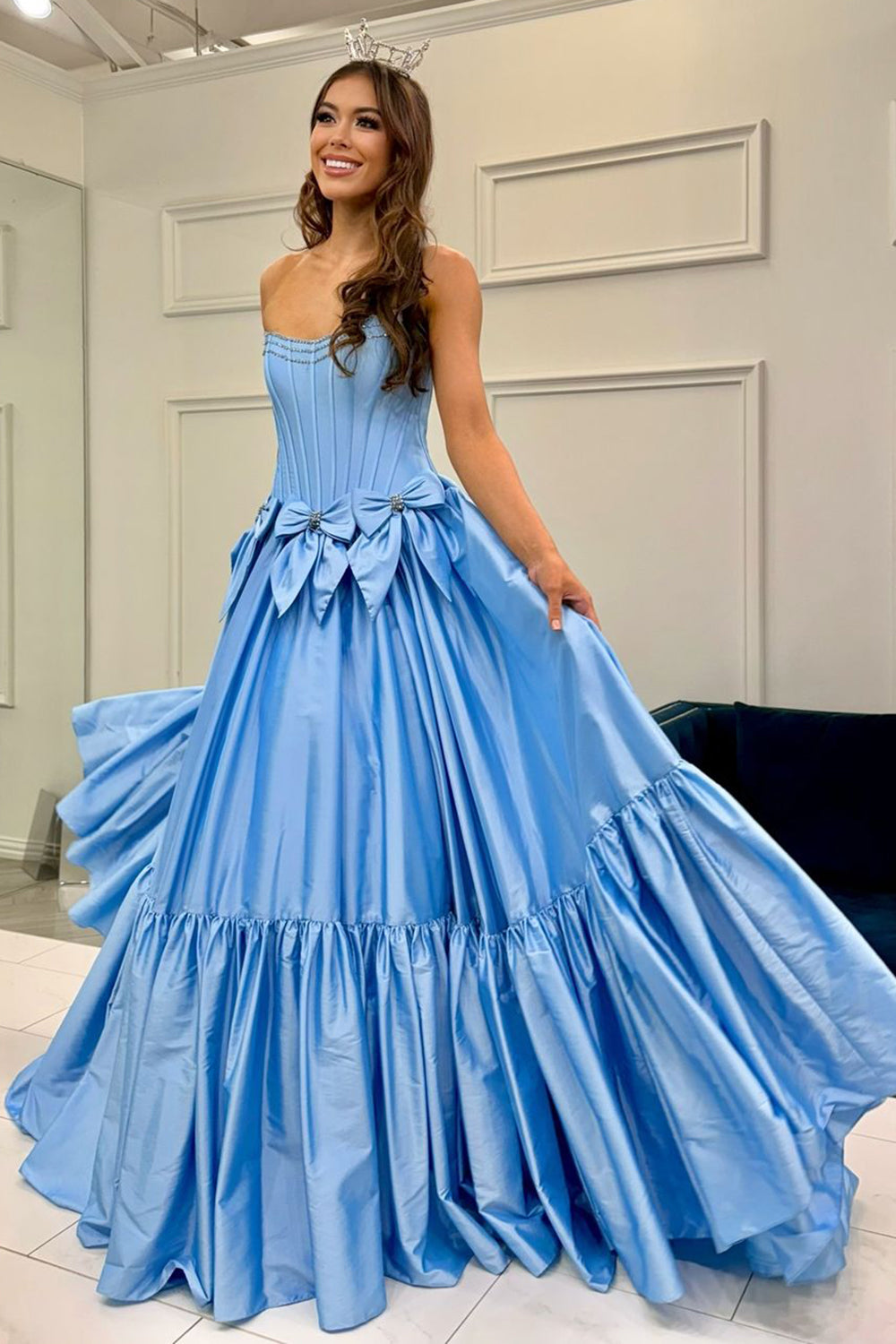 Long Black Satin A-Line Corset Prom Dress with Strapless Design and Bows