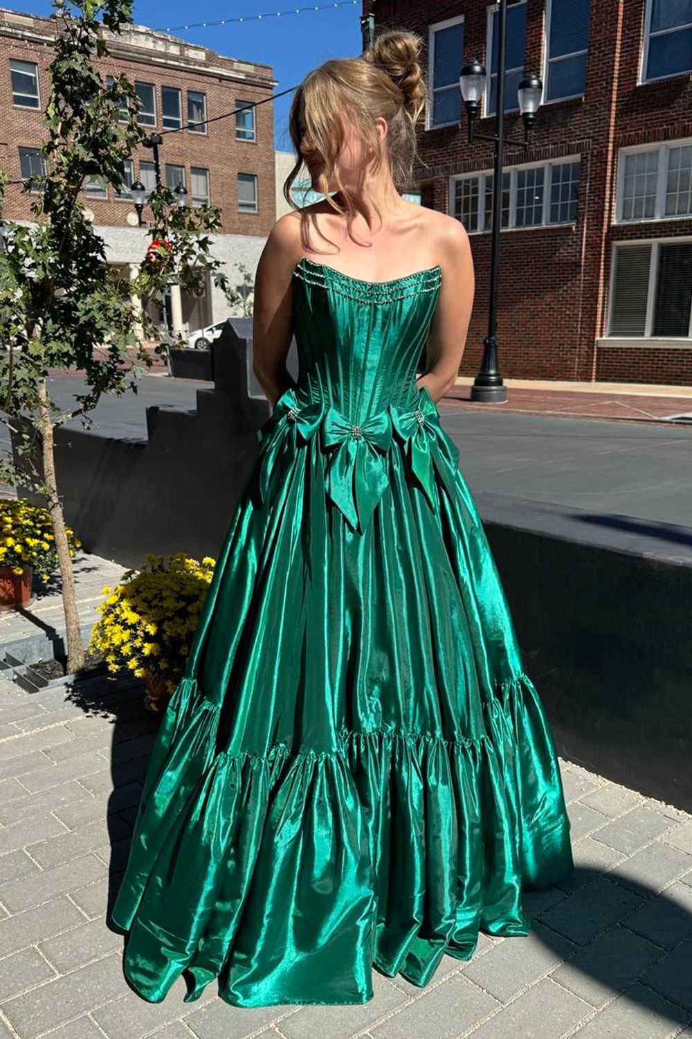 Long Black Satin A-Line Corset Prom Dress with Strapless Design and Bows