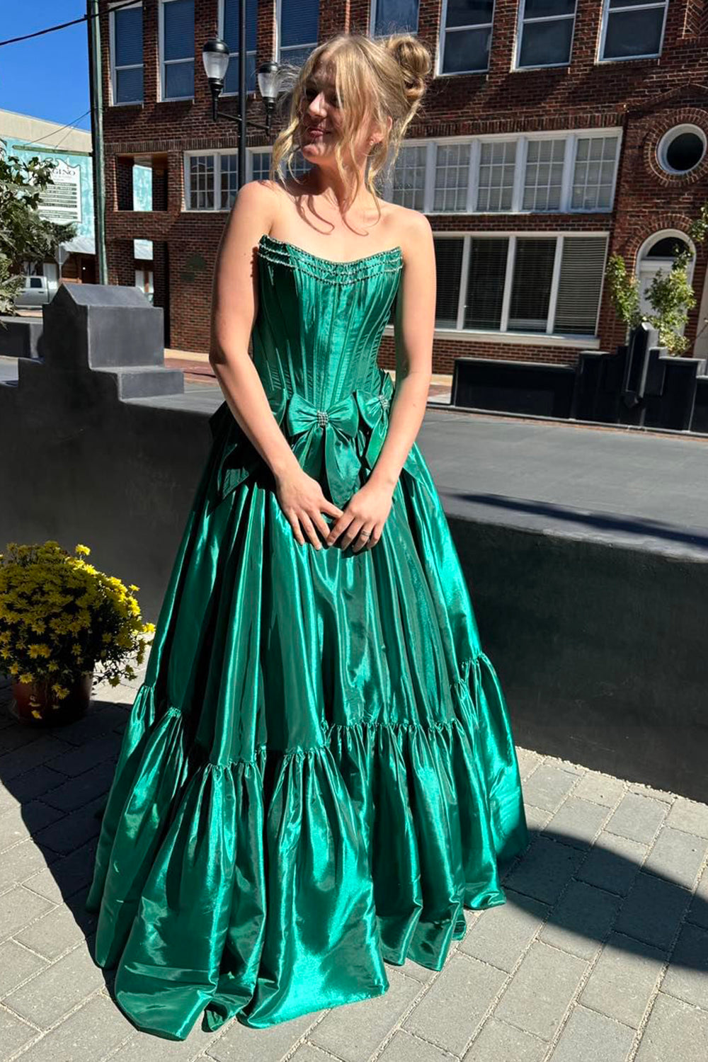 Long Black Satin A-Line Corset Prom Dress with Strapless Design and Bows