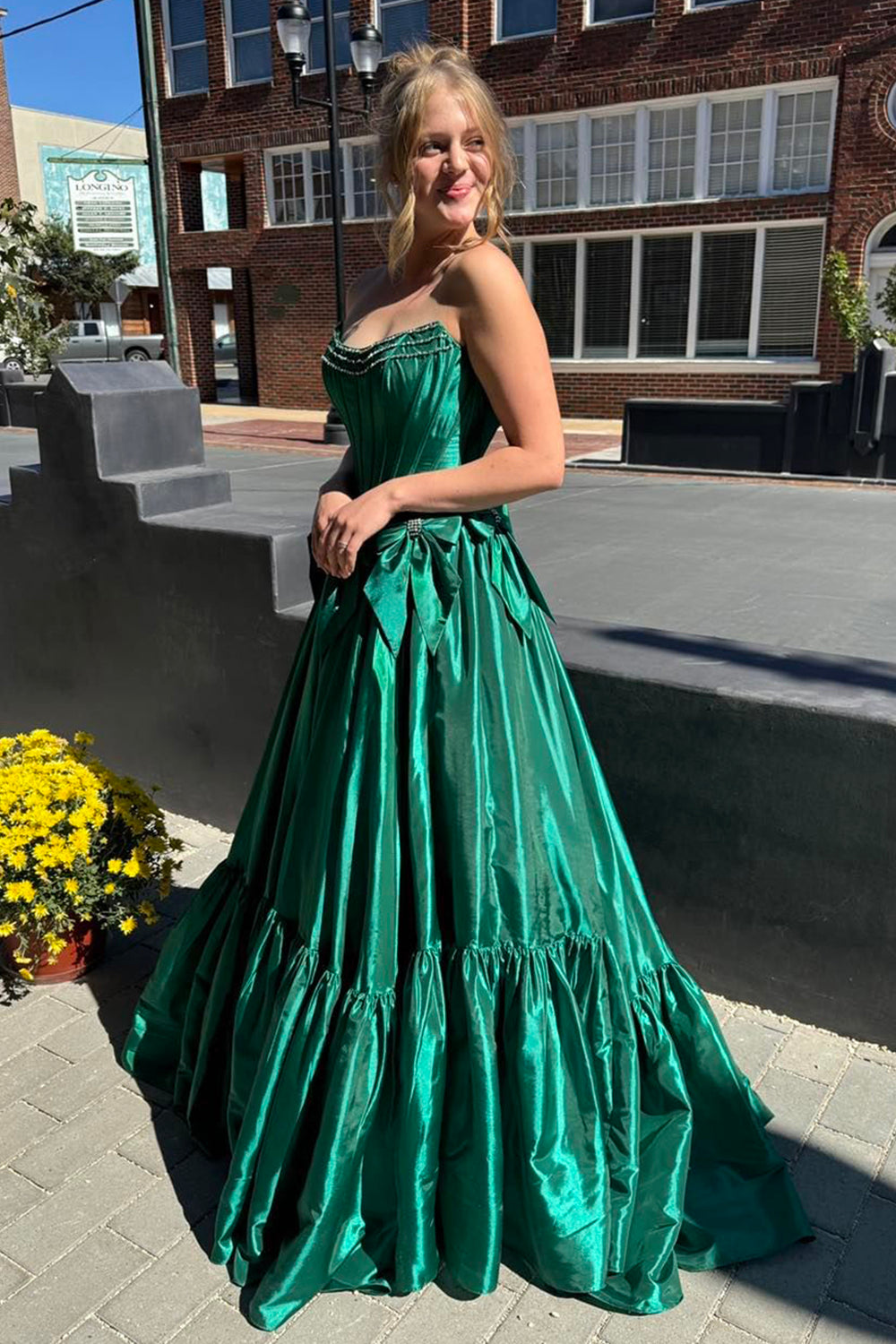 Long Black Satin A-Line Corset Prom Dress with Strapless Design and Bows