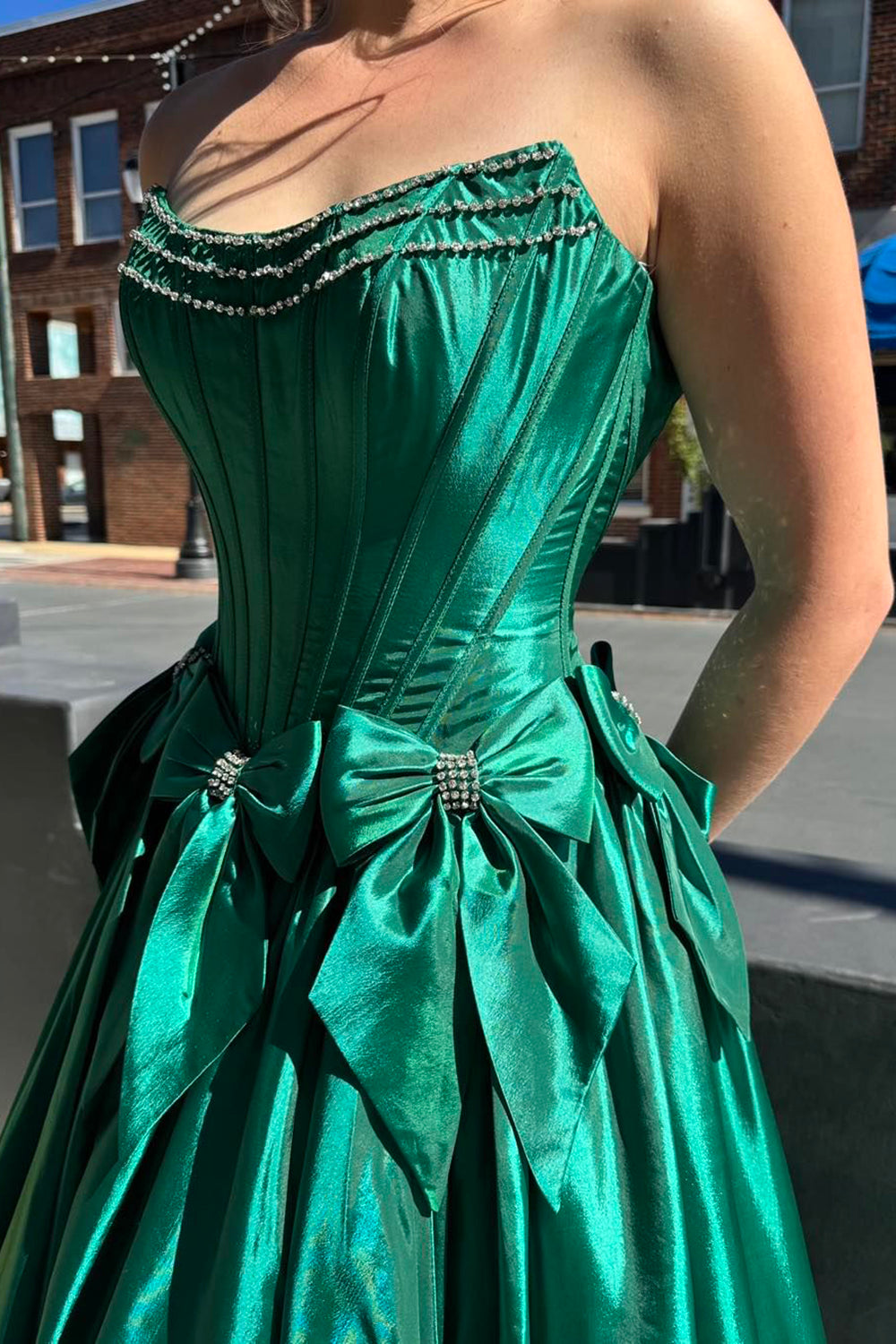 Long Black Satin A-Line Corset Prom Dress with Strapless Design and Bows