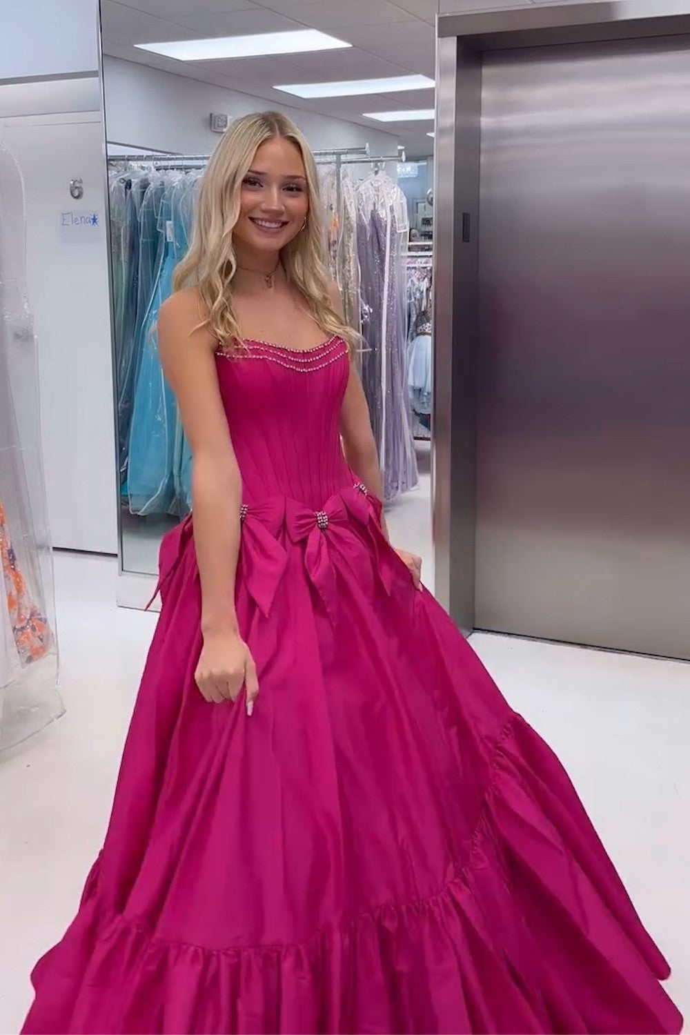 Long Black Satin A-Line Corset Prom Dress with Strapless Design and Bows