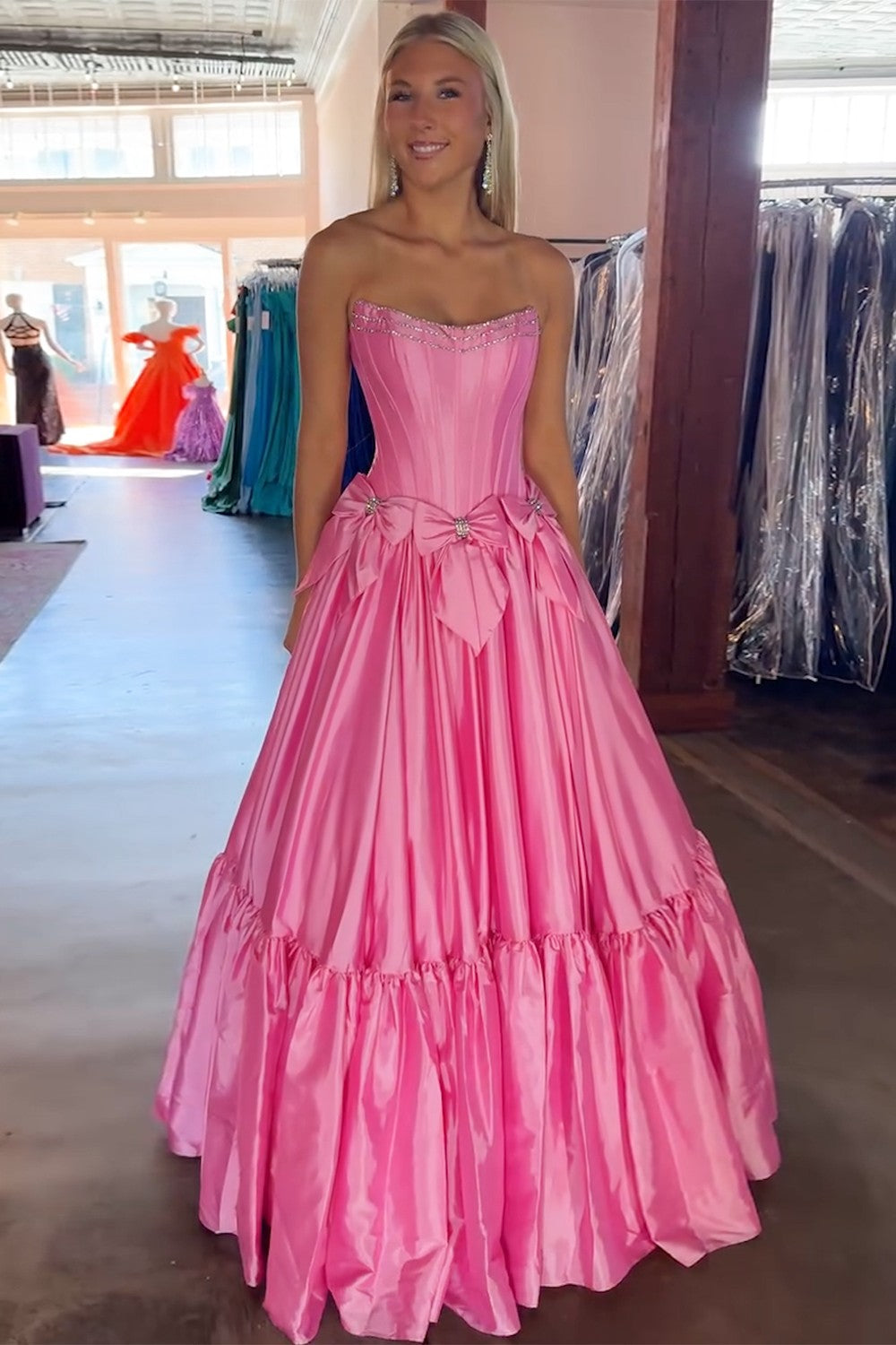 Long Black Satin A-Line Corset Prom Dress with Strapless Design and Bows