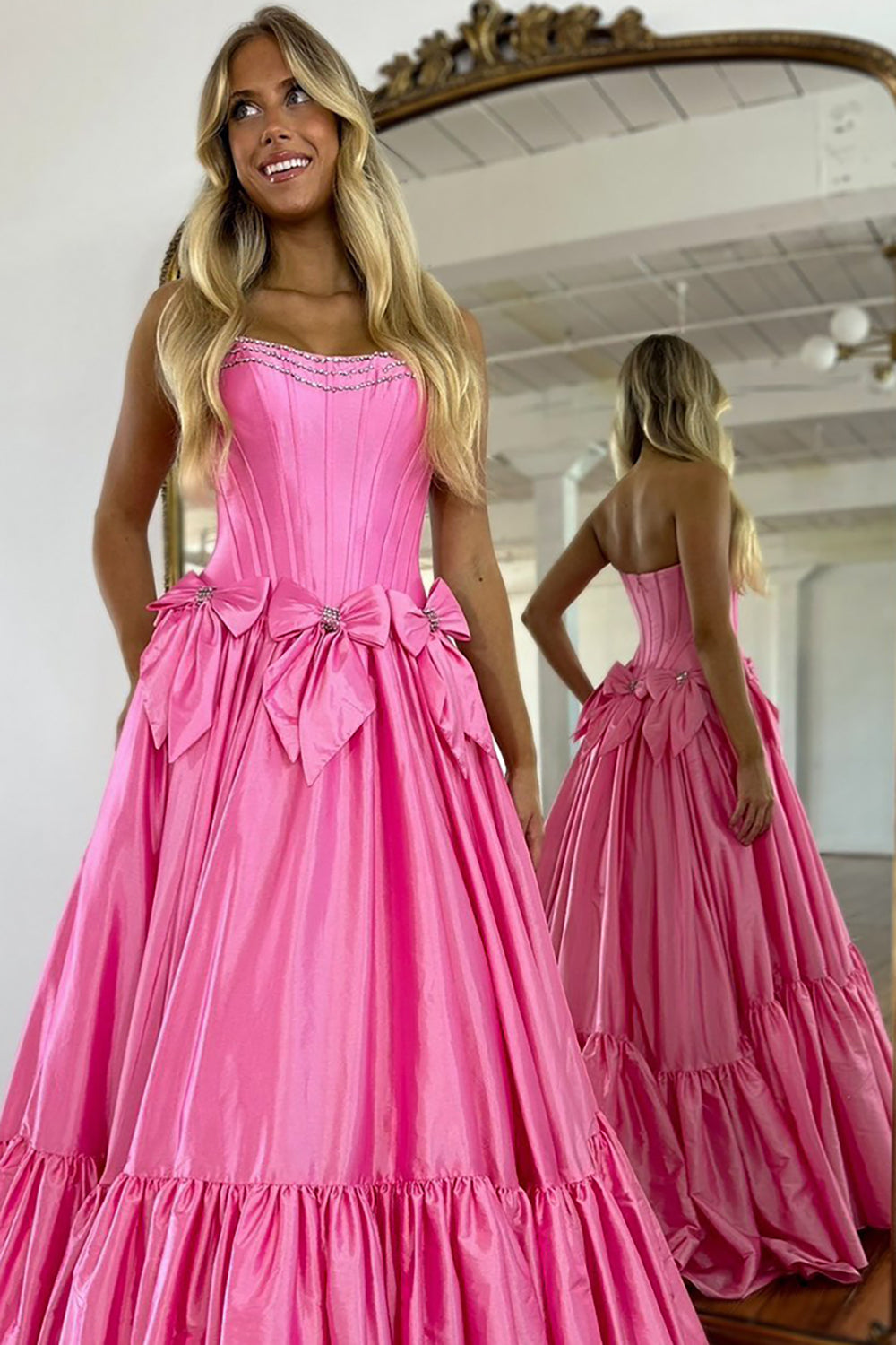Long Black Satin A-Line Corset Prom Dress with Strapless Design and Bows