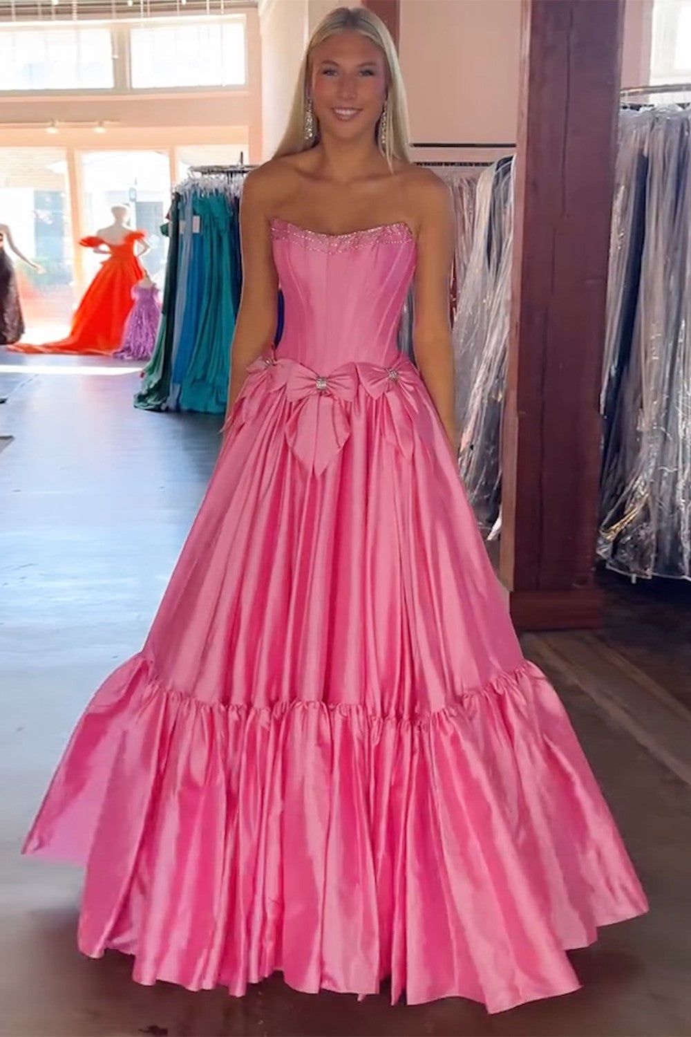 Long Black Satin A-Line Corset Prom Dress with Strapless Design and Bows